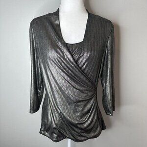 Chetta‎ B Metallic Gold Black Stretch Long Sleeve Front Faux Wrap Top Blouse 12